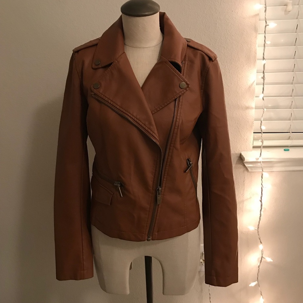 Tan faux leather moto jacket
